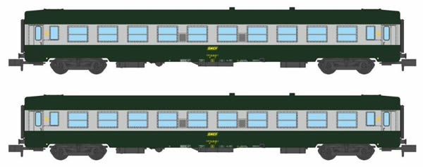 REE Modeles NW-141 - SET of 2French SNCF Coach Set Class UIC CAR B10 Green/ALU Yellow Logo Era IV